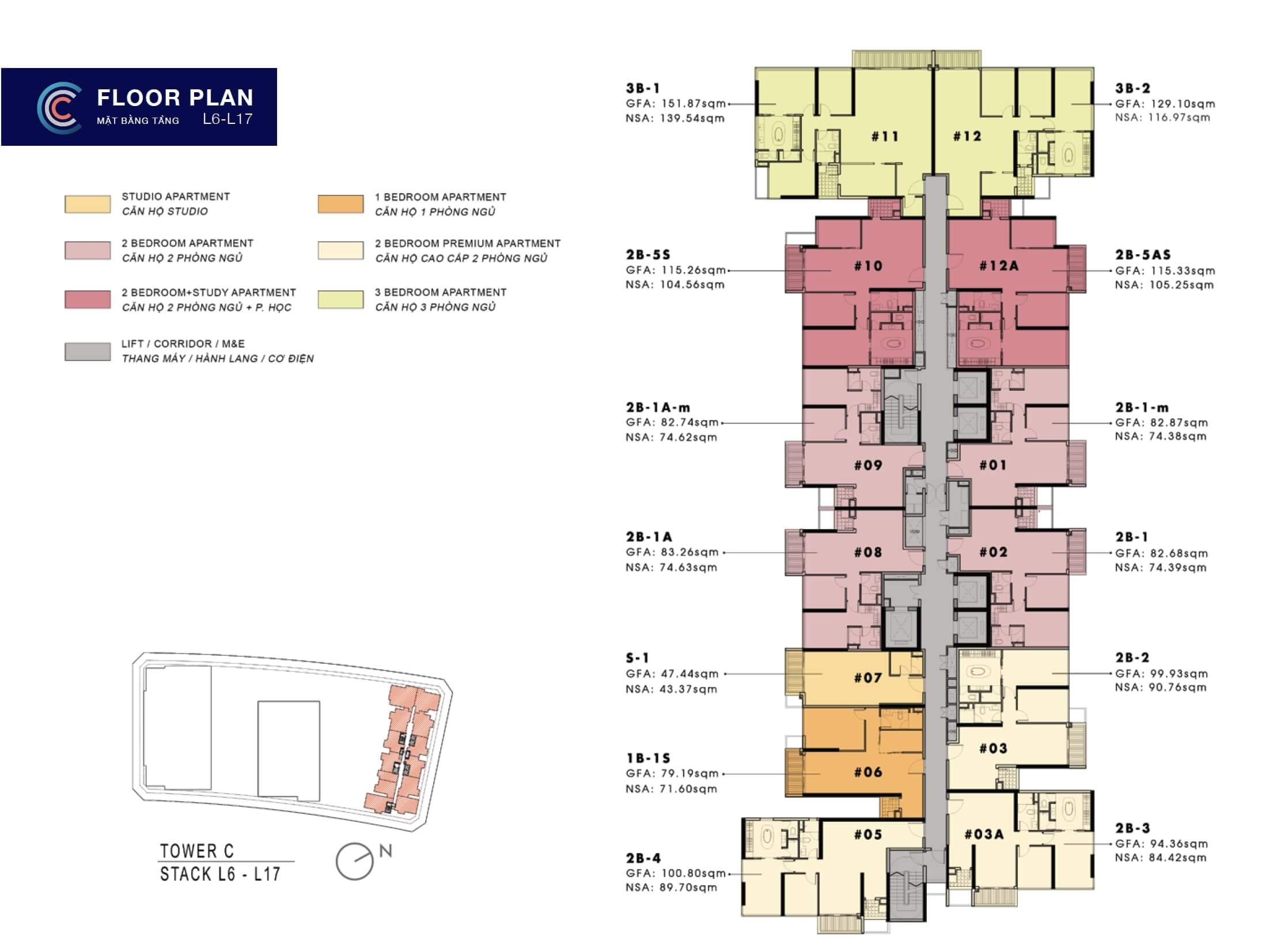 Sơ đồ mặt bằng tòa Crest   Residencecăn hộ The Metropole Thủ Thiêm tầng 6 - 17